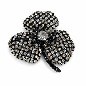 Vintage Black Rhinestone Shamrock Brooch Three Leaf Clover Pin Statement Jewelry